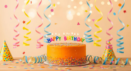 Birthday cake with candles, streamers and confetti on wooden table