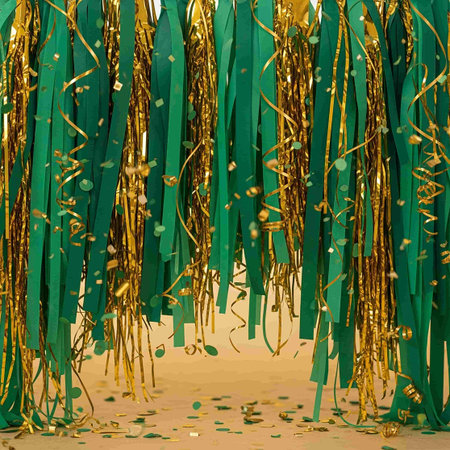 Gold and green ribbons on a golden background. 3d renderingの写真素材