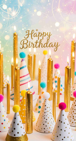 Birthday party decoration with candles and confetti on bokeh backgroundの写真素材