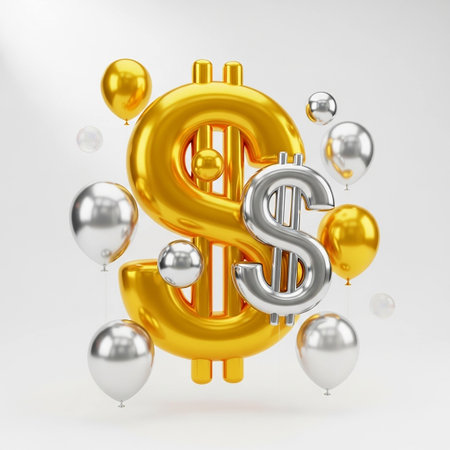 Golden dollar sign with balloons isolated on white background. 3D rendering.の写真素材