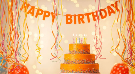 Birthday cake with candles and decoration on blurred lights background, closeupの写真素材