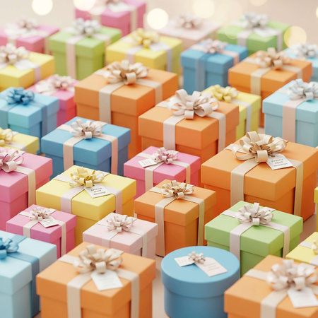 Colorful gift boxes and ribbons on bokeh background.の写真素材