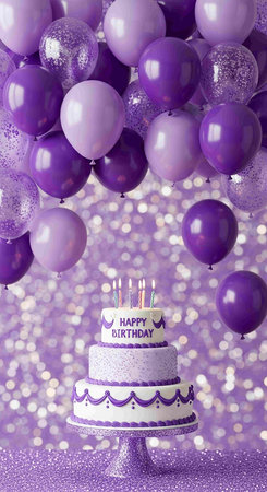 Birthday cake with balloons on a glittery background
