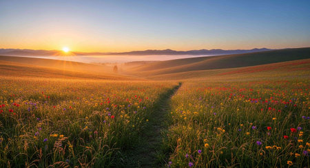 Meadow with colorful wildflowers at sunriseの写真素材