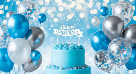 Happy Birthday greeting card with blue cake and balloons. 3D Renderingの写真素材