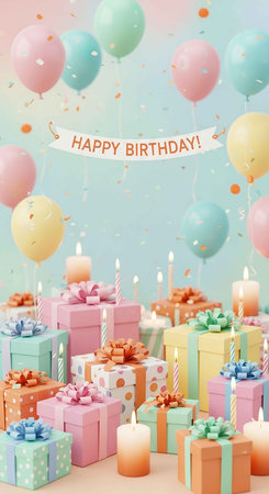 Birthday greeting card with gift boxes, candles and confetti.の写真素材