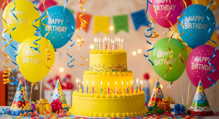 Birthday cake with candles and balloons on rustic wooden background.