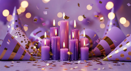 Purple candles with confetti and party hats on bokeh backgroundの写真素材