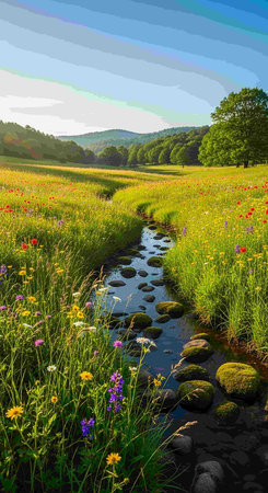 Spring meadow with flowers and stream in the distance. Beautiful landscape.