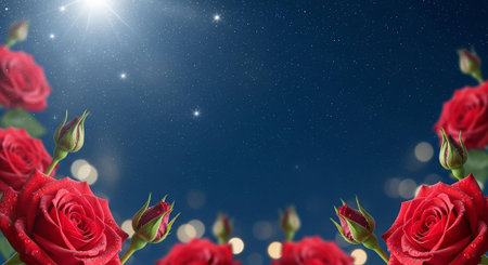 Red roses on the background of the starry sky. 3d illustrationの写真素材