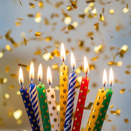 Birthday candles with confetti on bokeh background, closeupの写真素材