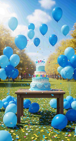 Birthday cake with blue balloons and confetti, 3d renderの写真素材