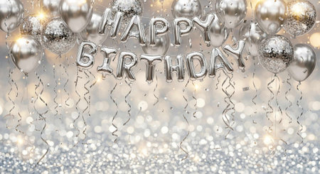 Happy Birthday greeting card with silver balloons and confetti on bokeh backgroundの写真素材