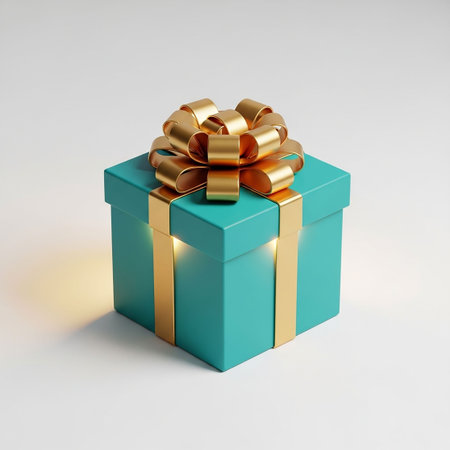 Blue gift box with gold bow on white background. 3D renderingの写真素材