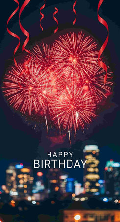 Happy birthday card with fireworks and firework over cityscape. Vector illustrationの写真素材
