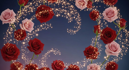 Red roses and lights on a blue background with space for text.の写真素材