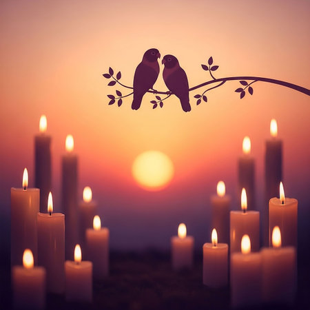 Romantic background with two birds sitting on a branch and burning candlesの写真素材