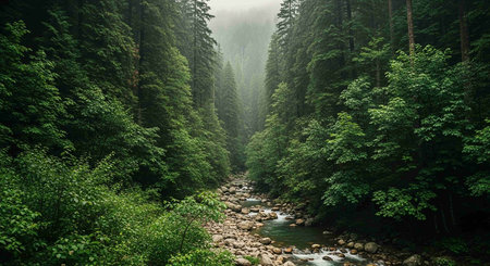 Mountain river in the forest in the fog. Summer landscape.