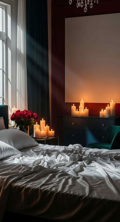Romantic bedroom interior with candles on the bed. 3d renderの写真素材
