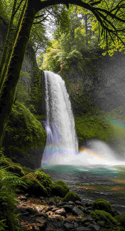 Rainbow over a waterfall in the middle of the forest in summerの写真素材