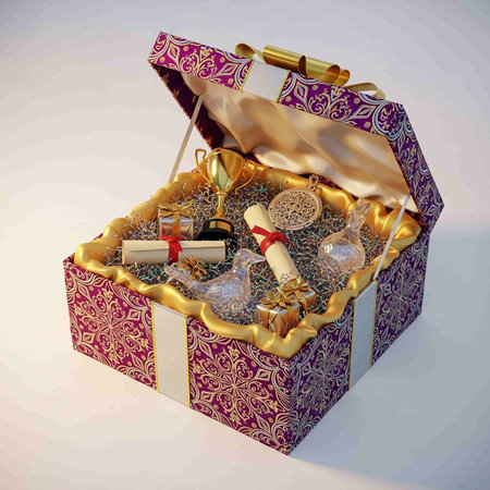 3d illustration of a gift box with a lot of christmas decorationsの写真素材