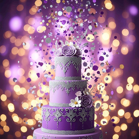 Wedding cake with flowers and bokeh on purple background