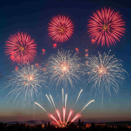 Colorful fireworks in the night sky over the city. Illustration