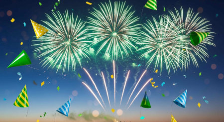 Colorful fireworks and celebration flags over night sky background with copy space