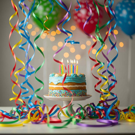 Birthday cake with burning candles and colorful streamers on white table