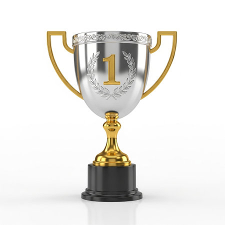 A golden and silver trophy with the number one on it.の写真素材