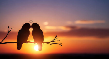 Two birds sitting on a tree branch with a heart in the backgroundの写真素材