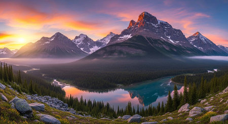 Sunrise in Banff National Park, Alberta, Canada. Panoramaの写真素材