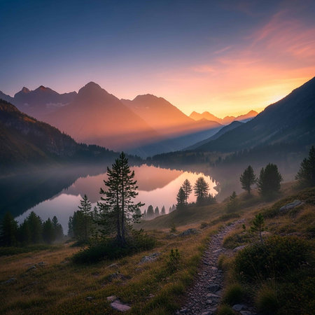 Sunset over the meadow with wildflowers and mountains in the backgroundの写真素材