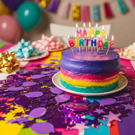 birthday cake with candles and confetti on colorful background, closeupの写真素材
