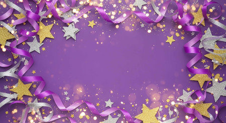Purple background with golden stars and confetti. Vector illustration.