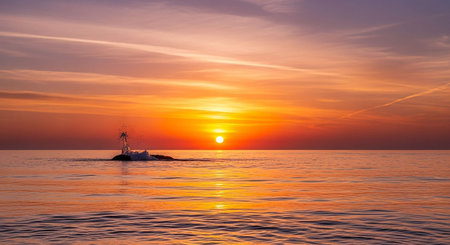 Sunset on the sea with a lighthouse in the foreground. Beautiful seascape.の写真素材