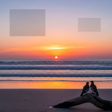 Two birds on the beach at sunset with copy space for your textの写真素材
