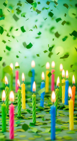 Birthday candles with confetti on green bokeh background.の写真素材