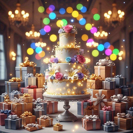 Wedding cake with flowers, gifts and ribbons. 3D renderingの写真素材