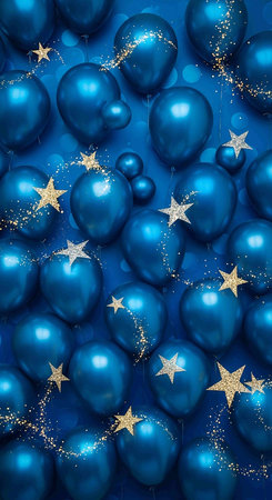 Blue balloons with golden stars and confetti on a blue background.の写真素材
