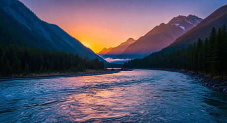 Sunset over a mountain river in Jasper National Park, Alberta, Canadaの写真素材