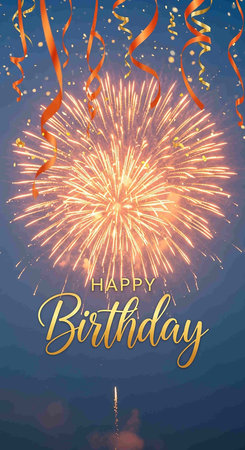 Happy Birthday greeting card with fireworks and ribbons. Vector illustration.