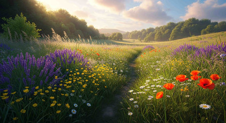 Summer meadow with poppies and wildflowers at sunset