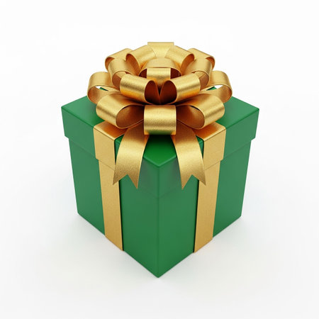 Green gift box with gold bow isolated on white background. 3d render.の写真素材