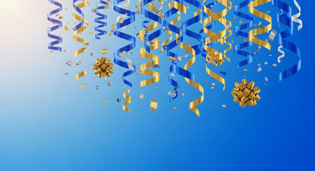 Streamers and confetti on blue background. Festive concept. 3D illustrationの写真素材