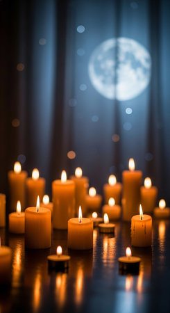 Candle light in dark room with moon and bokeh backgroundの写真素材