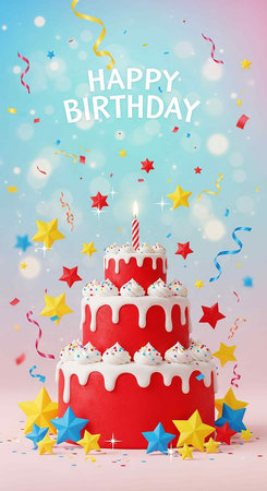 Happy Birthday Cake with Colorful Stars and Confetti on Blue Background