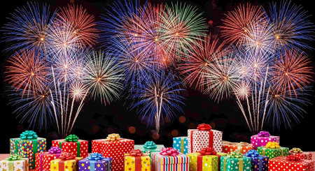 Celebration background with colorful fireworks and gift boxes on black backgroundの写真素材