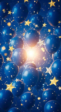 3D Rendering Balloons with Golden Stars and Sparkles on Blue Background