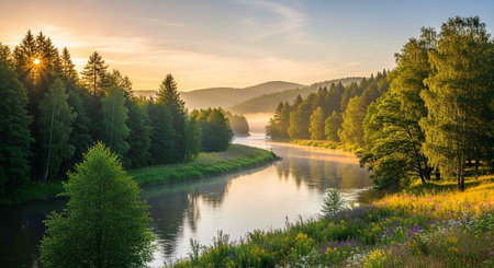 Beautiful summer landscape with river and forest in the morning. Panorama